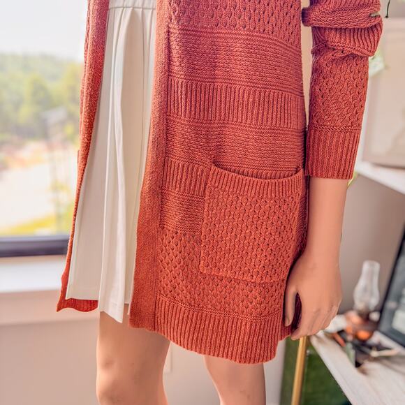 J by Joie, Loosely Woven Cardigan Sweater in Burnt Orange Autumn Tone-Size Small - Picture 6 of 11